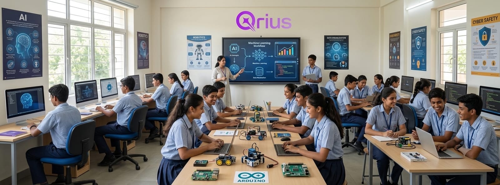 Illustrative concept render of a school AI and innovation lab with students working on robotics and computing equipment.