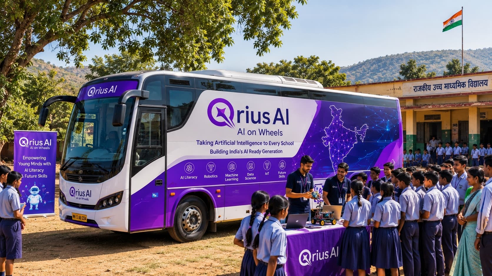 Illustrative concept render of the QriusAI on Wheels mobile AI lab van parked at a rural school, with students gathered.